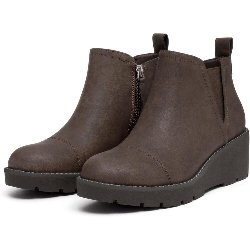 Women's Dark Brown Wedge Chelsea Boots Lug Sole Platform Ankle Booties Zipper - Picture 4 of 6